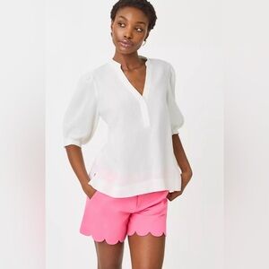 Lilly Pulitzer White Split-Neck Puff-Sleeve Blouse